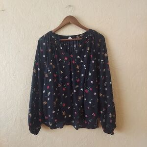 Old Navy black floral v-neck long sleeve blouse sz medium